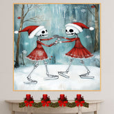 Whimsical Skeleton Ice Skating Christmas Art – Festive Gothic Winter Decor with Dancing Skeletons in Red Dresses and Santa Hats, Spooky Cute Holiday Wall Print on Ready to Hang 1.5" Thick Canvas Wrap, Floating Framed Canvas, Flat Rolled Canvas